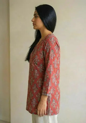 Ruhi short kurti with a traditional rust-red floral print and an adjustable wrap-around silhouette – Kalyanja.